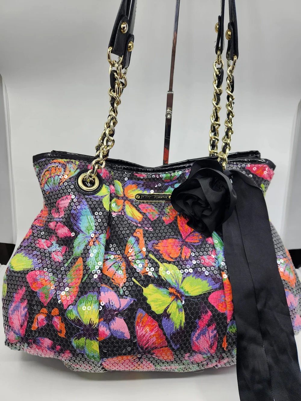 Betsey Johnson Butterfly Sequin Satchel Bag - Black